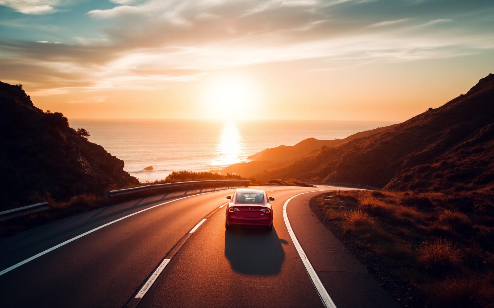 Tesla Model 3 driving on an open mountain road